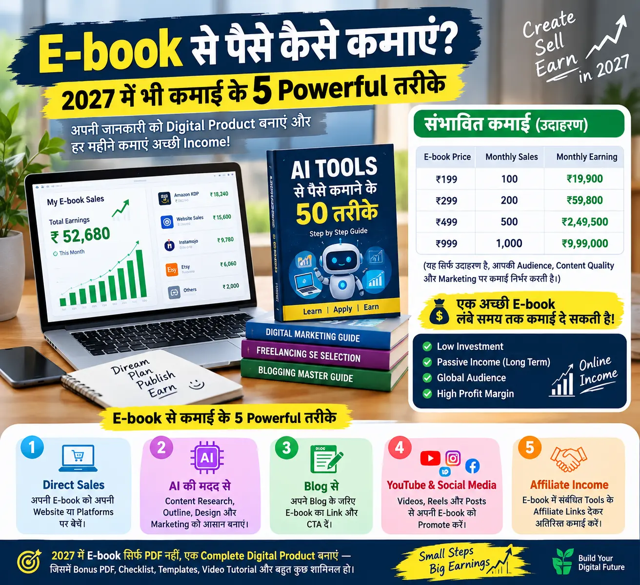 E-book se paise kamane ke 5 tarike aur 2027 me potential earning ka example