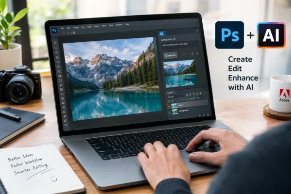 Photoshop और AI की मदद से फोटो एडिटिंग करते हुए व्यक्ति